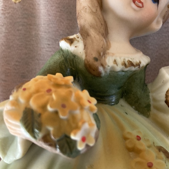 Lefton China Hand Painted Bisque Porcelain Girl holding Bird and Flower Basket - Picture 5 of 10